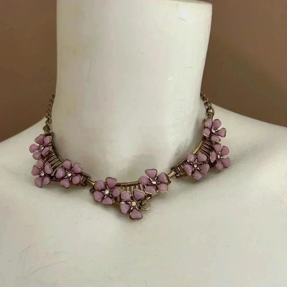 PINK FLOWER silver statement  choker necklace VTG 1950